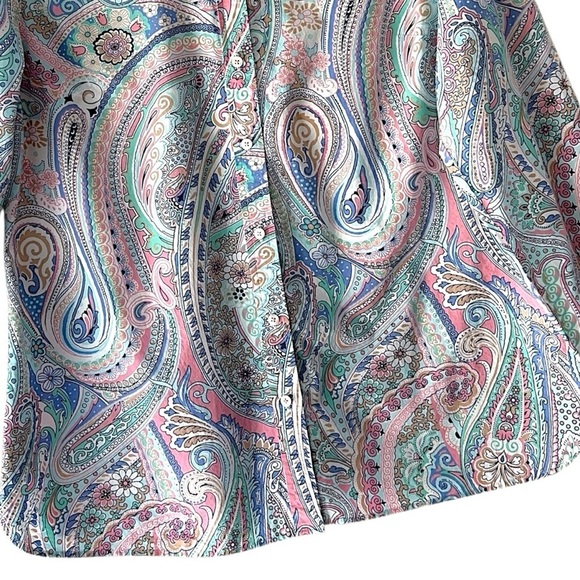 TALBOTS LONG SLEEVE PAISLEY BLOUSE BUTTON FRONT PURE COTTON PINK & BLUE | LARGE - Picture 4 of 11